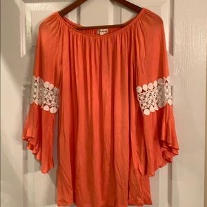 Southern Fried Chicks coral bell sleeve blouse